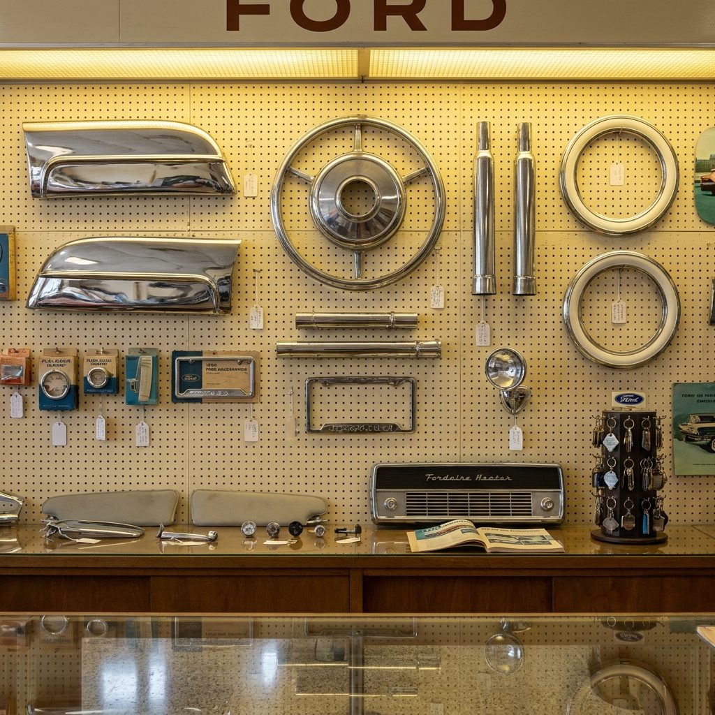 The Accessory Wall With the Fender Skirts and Continental Kits Displayed Like Jewelry in a Case