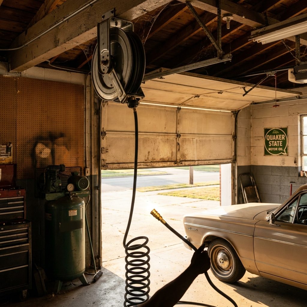 The Air Hose Coiled on a Reel Above the Bay Door That Hissed Like a Snake When You Pulled It