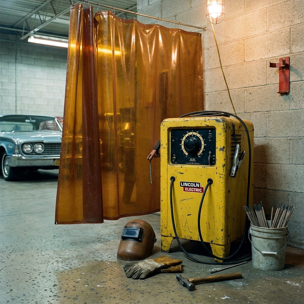 The Arc-Welder in the Corner With a Chipped Yellow Case and a Curtain on a Wire