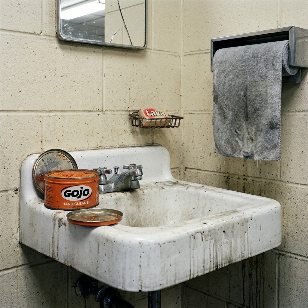 The Can of Hand Cleaner, Orange and Gritty, Sitting on the Edge of a Utility Sink With No Hot Water