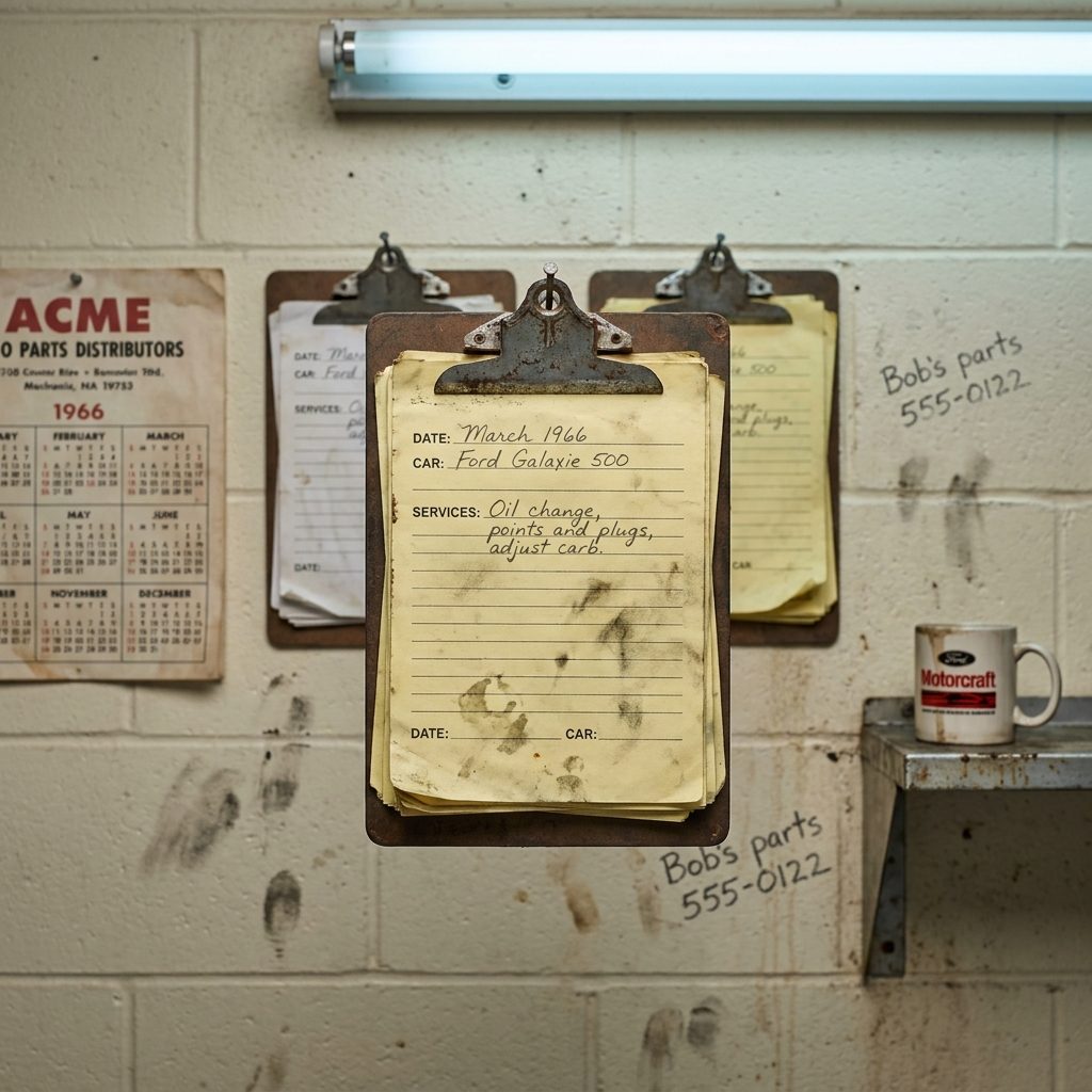 The Clipboard Hung on the Wall With Every Car's Service History Written in Pencil