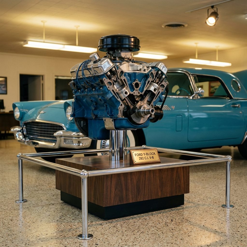 The Cutaway V-8 Engine on the Pedestal, Painted Ford Blue and Slowly Turning Over With a Little Electric Motor