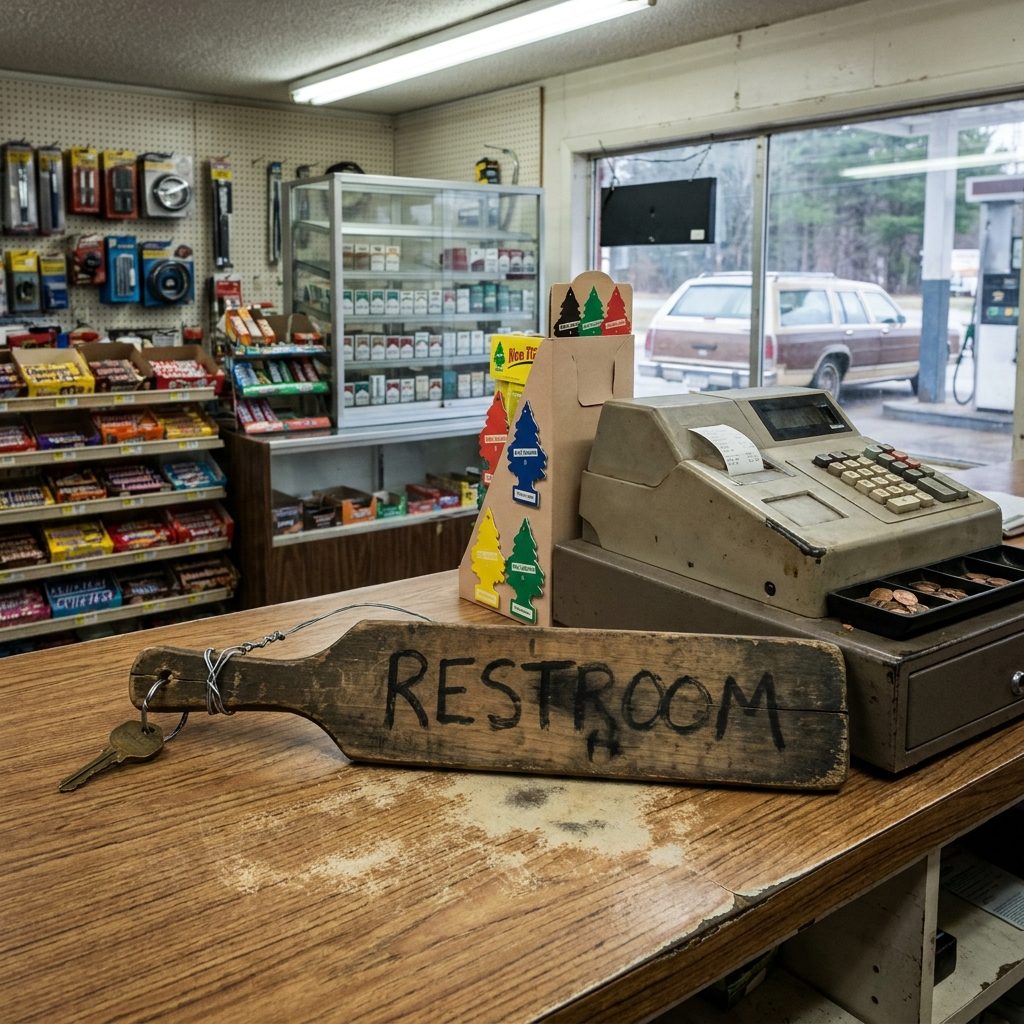 The Emergency Bathroom Stop at the Gas Station With the Restroom Key Wired to a Wooden Paddle