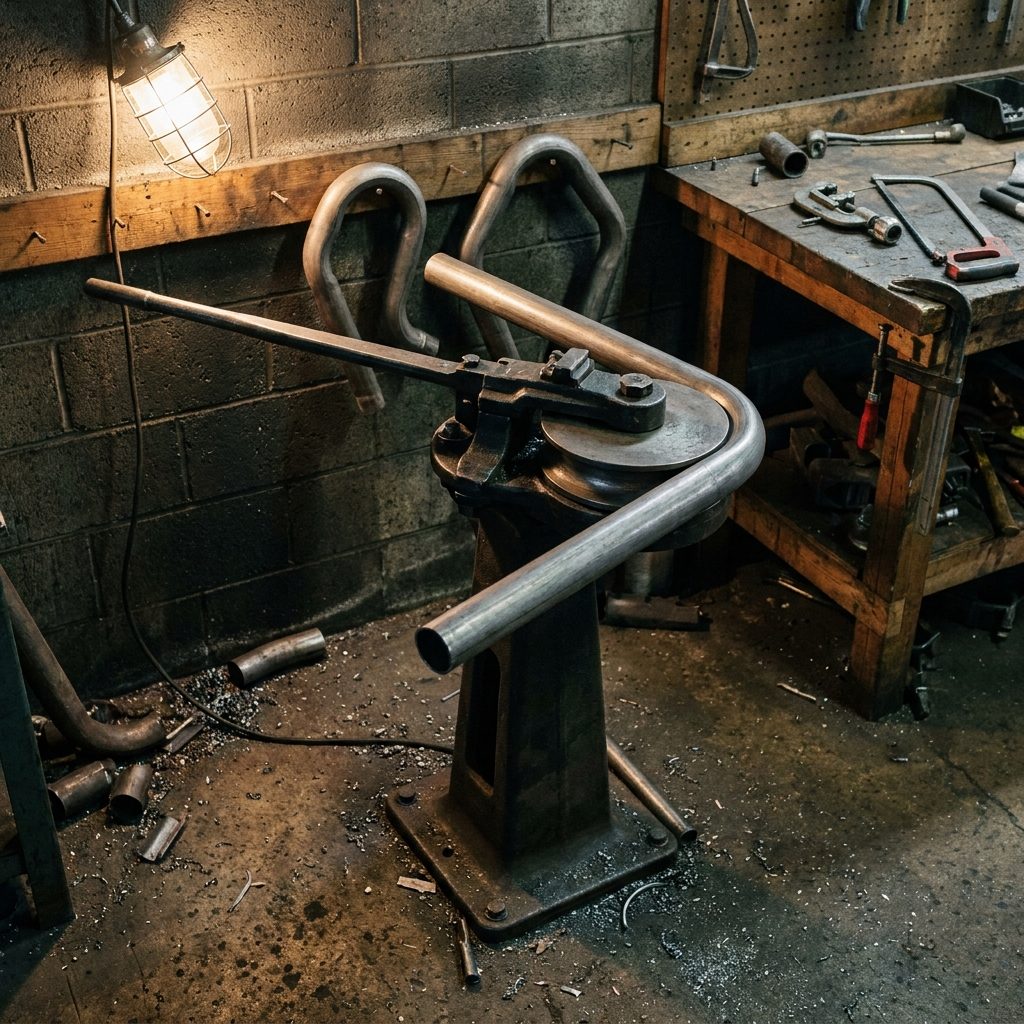 The Exhaust Pipe Bender Bolted to the Floor in the Back Bay, Curved Like a Piece of Industrial Sculpture