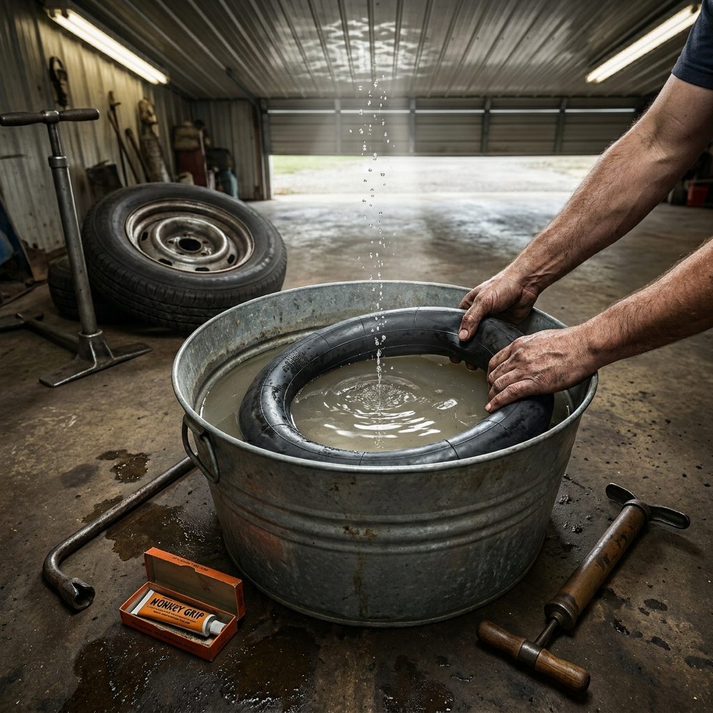 The Flat-Repair Tub Full of Water Where the Mechanic Dunked Inner Tubes to Find the Leak