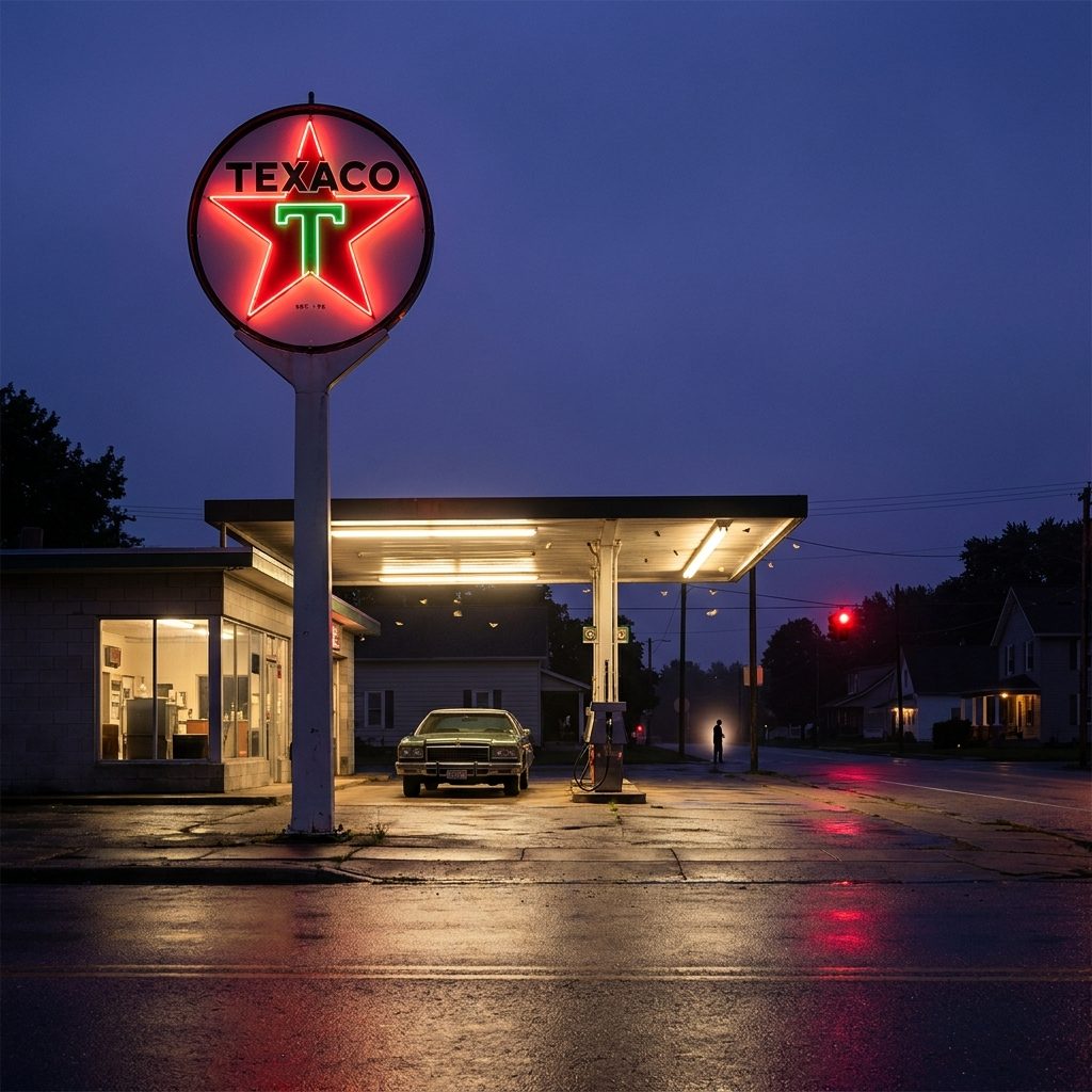 The Fluorescent Texaco or Gulf or Sunoco Sign That Was the Brightest Light on the Block After Dark