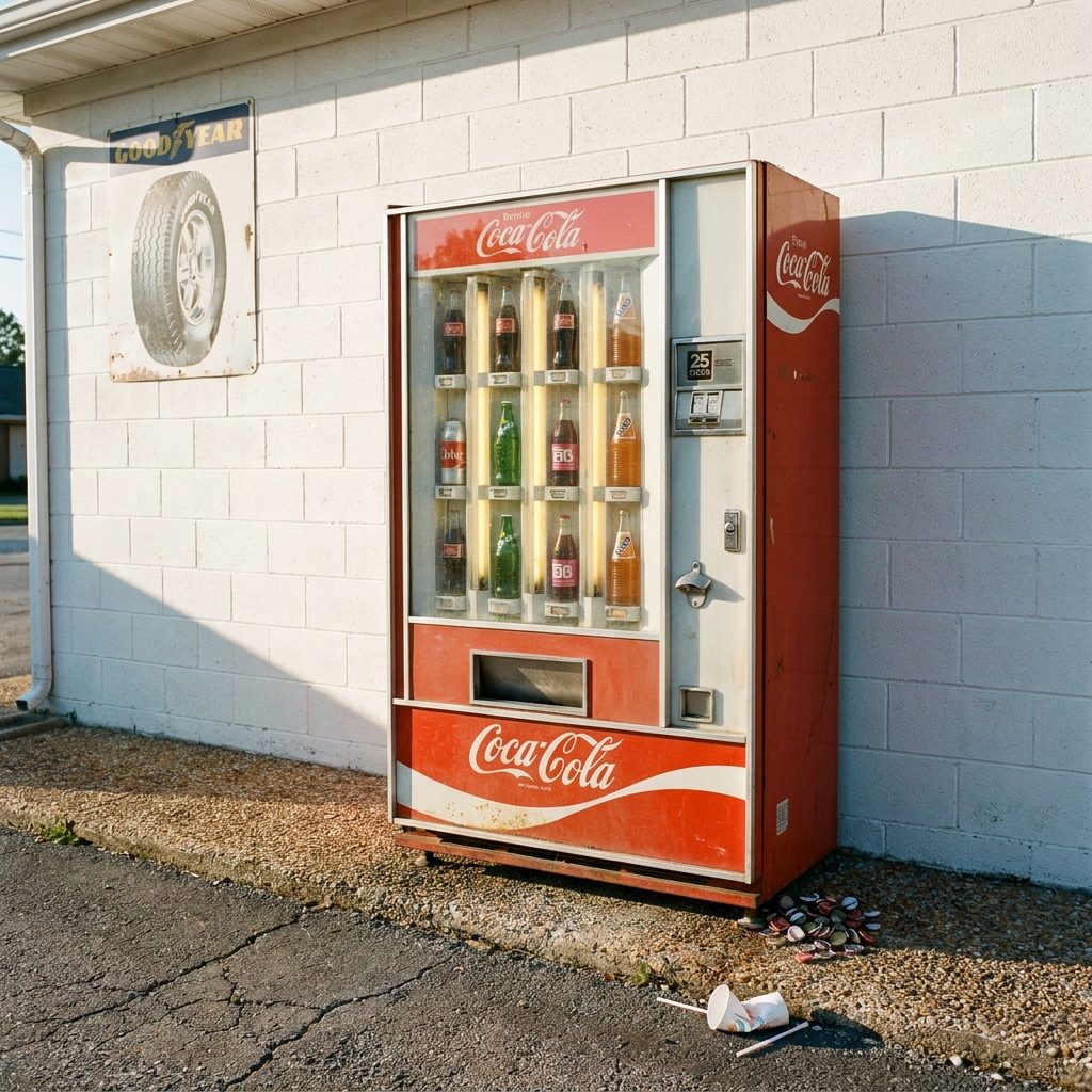 The Glass-Front Soda Machine With the Bottle Opener Bolted to the Side