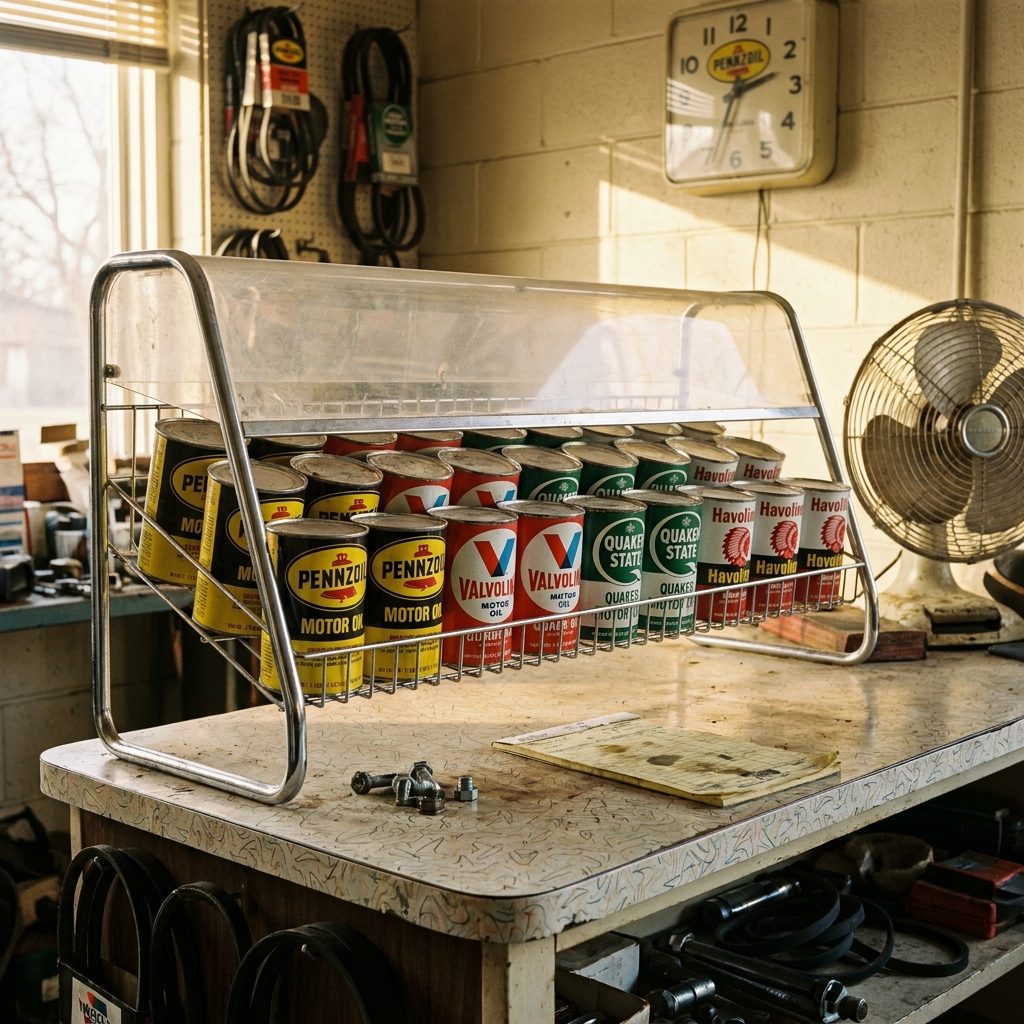 The Glass-Topped Oil Display Rack With a Row of Quart Cans Standing at Attention Like Soldiers