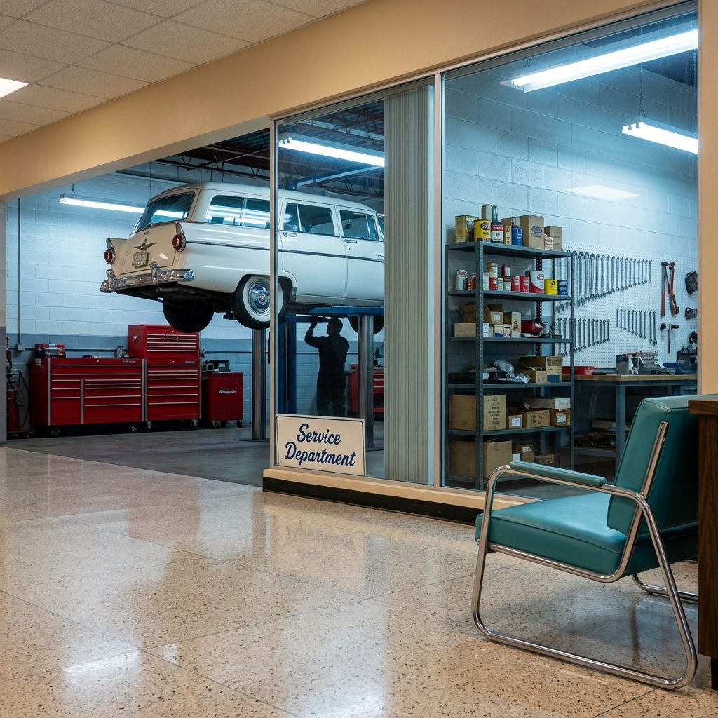 The Glass-Walled Service Bay Visible From the Showroom So You Could Watch Your Car Get Worked On