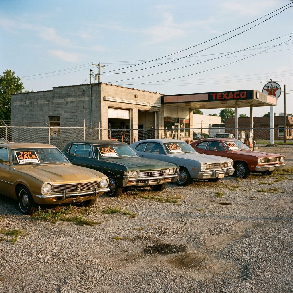 The Gravel Lot Next to the Station Where Cars Sat With FOR SALE Signs in Their Windshields