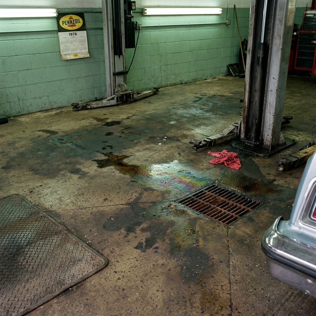 The Grease-Stained Concrete Floor With the Oil Stain That Had Been There Since Eisenhower