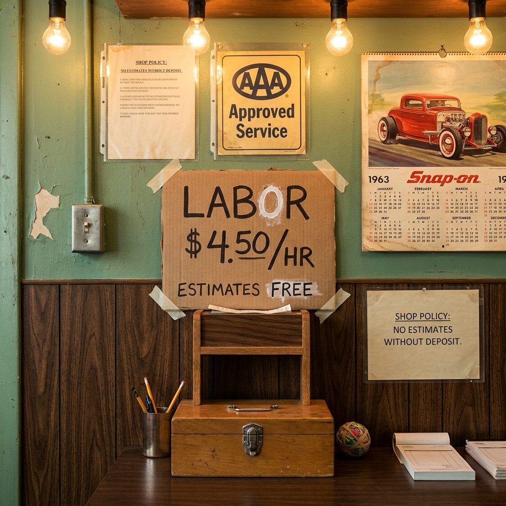 The Hand-Lettered Labor Rate Sign Taped to the Wall Behind the Cash Drawer