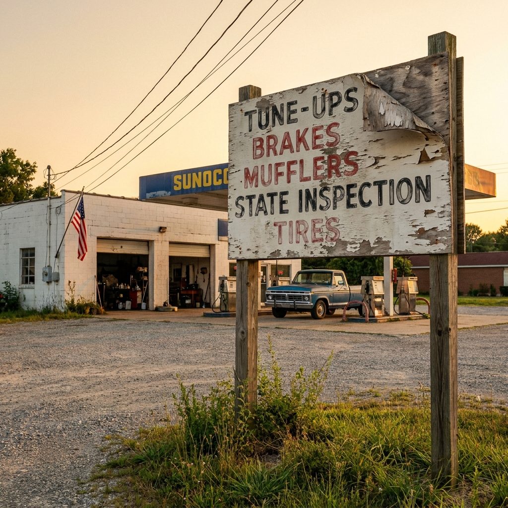 The Hand-Painted Plywood Sign Out Front Advertising the Mechanic's Specialties