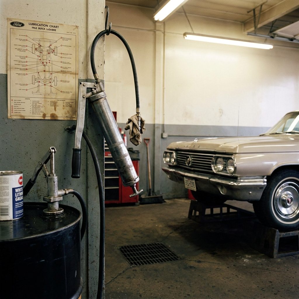 The Hand-Pumped Grease Gun Hung Beside the Lube Bay, Fitting Still Capped With a Rag