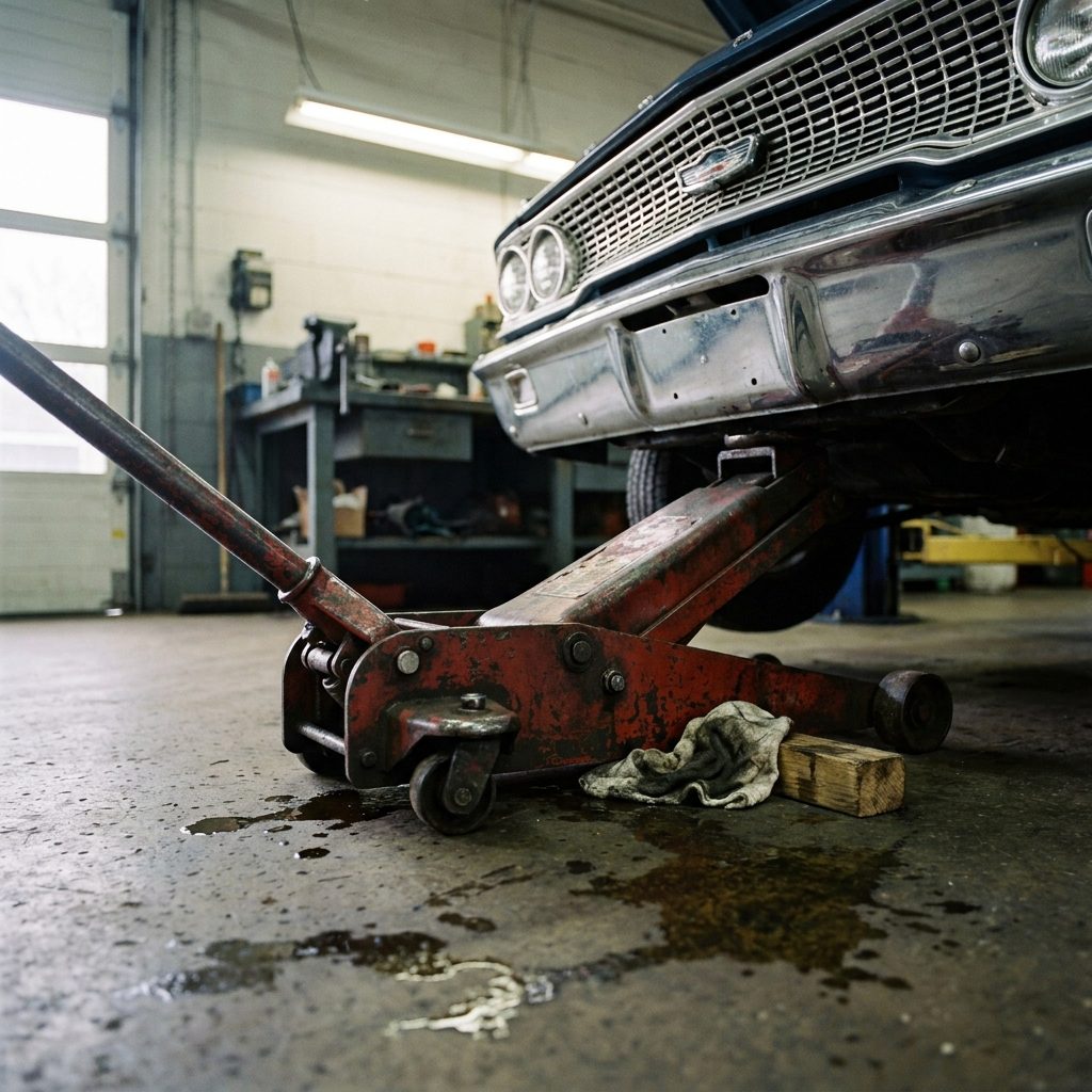 The Hydraulic Floor Jack With the Chipped Red Paint and the Handle That Took Two Men to Pump