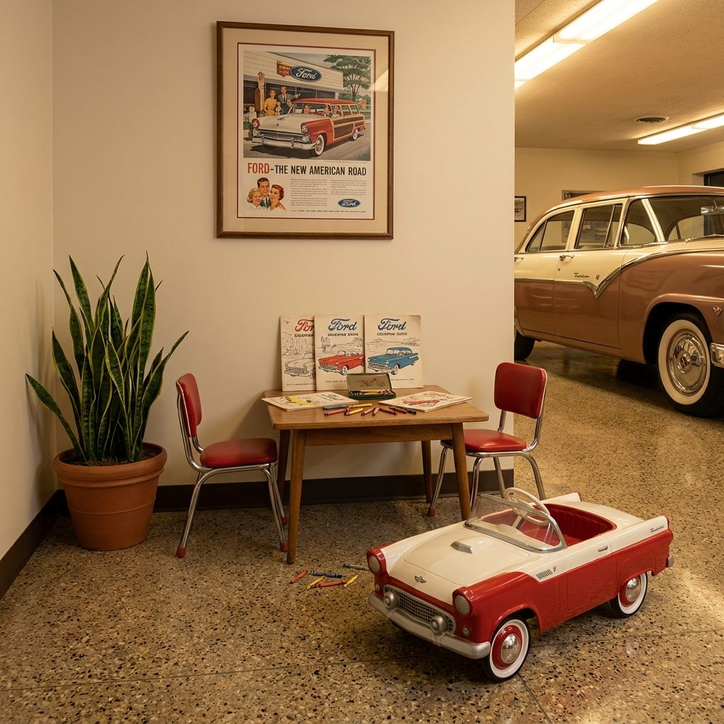 The Kids' Corner With a Little Pedal Car and Some Coloring Books So Mom and Dad Could Talk Numbers in Peace