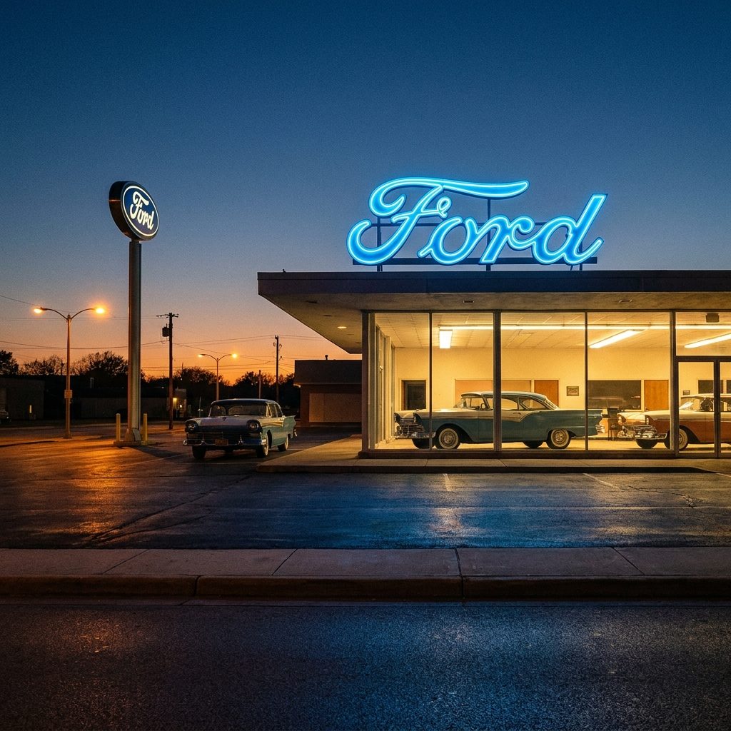 The Neon Ford Script on the Roof That Glowed Blue Against the Sky After Dark