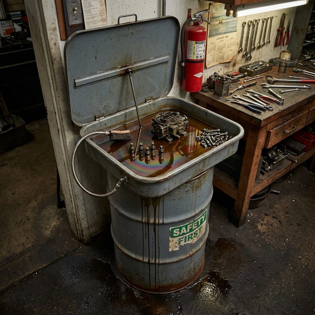 The Parts Washer With the Solvent Basin and the Stiff-Bristle Brush on a Flexible Arm