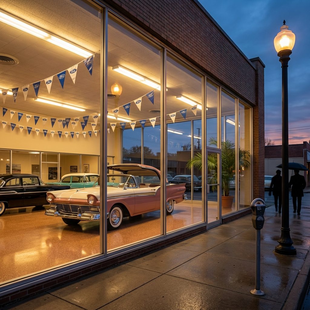 The Plate Glass Front Windows That Turned the Showroom Into a Stage Set Visible From the Sidewalk