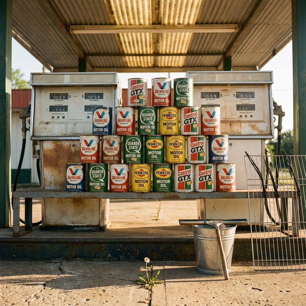 The Pyramid of Motor-Oil Cans Stacked by the Pump Island