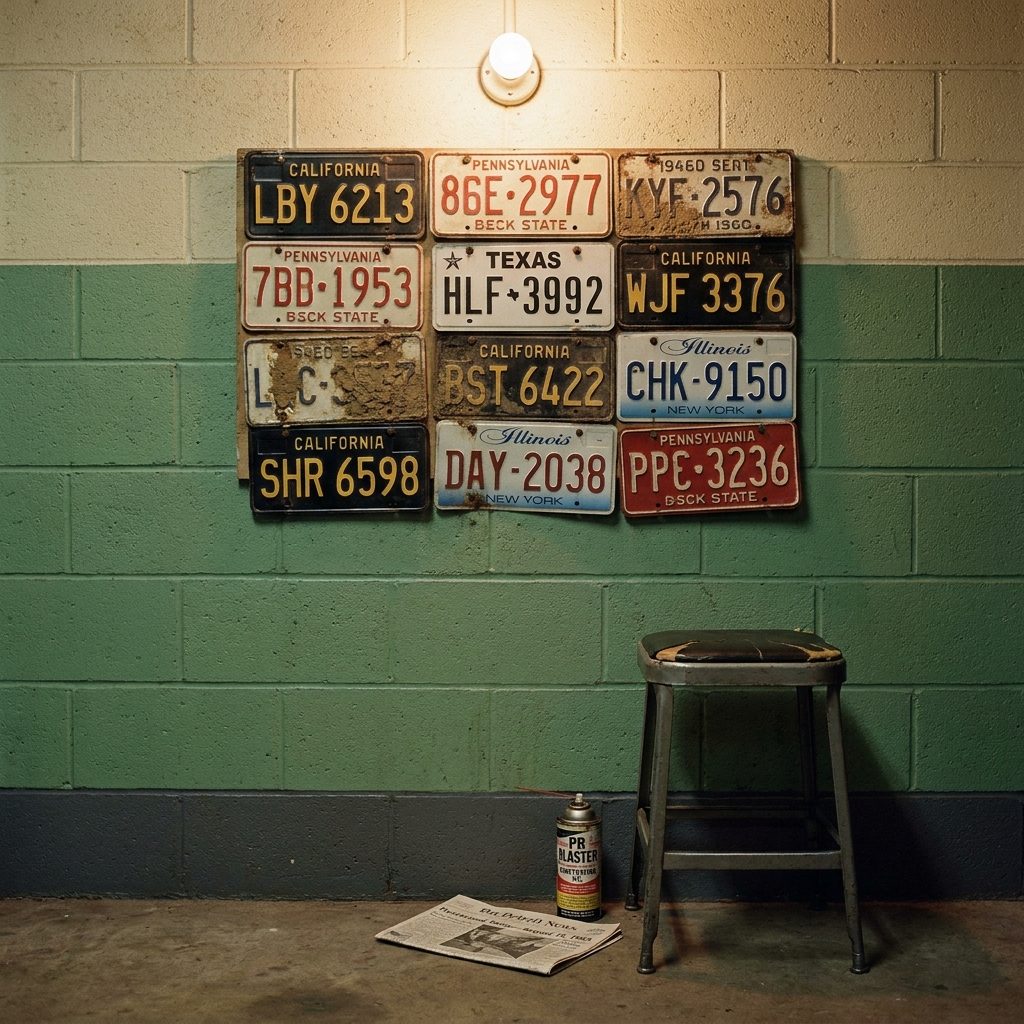 The Stack of Old License Plates Nailed to the Cinderblock Wall as Decoration