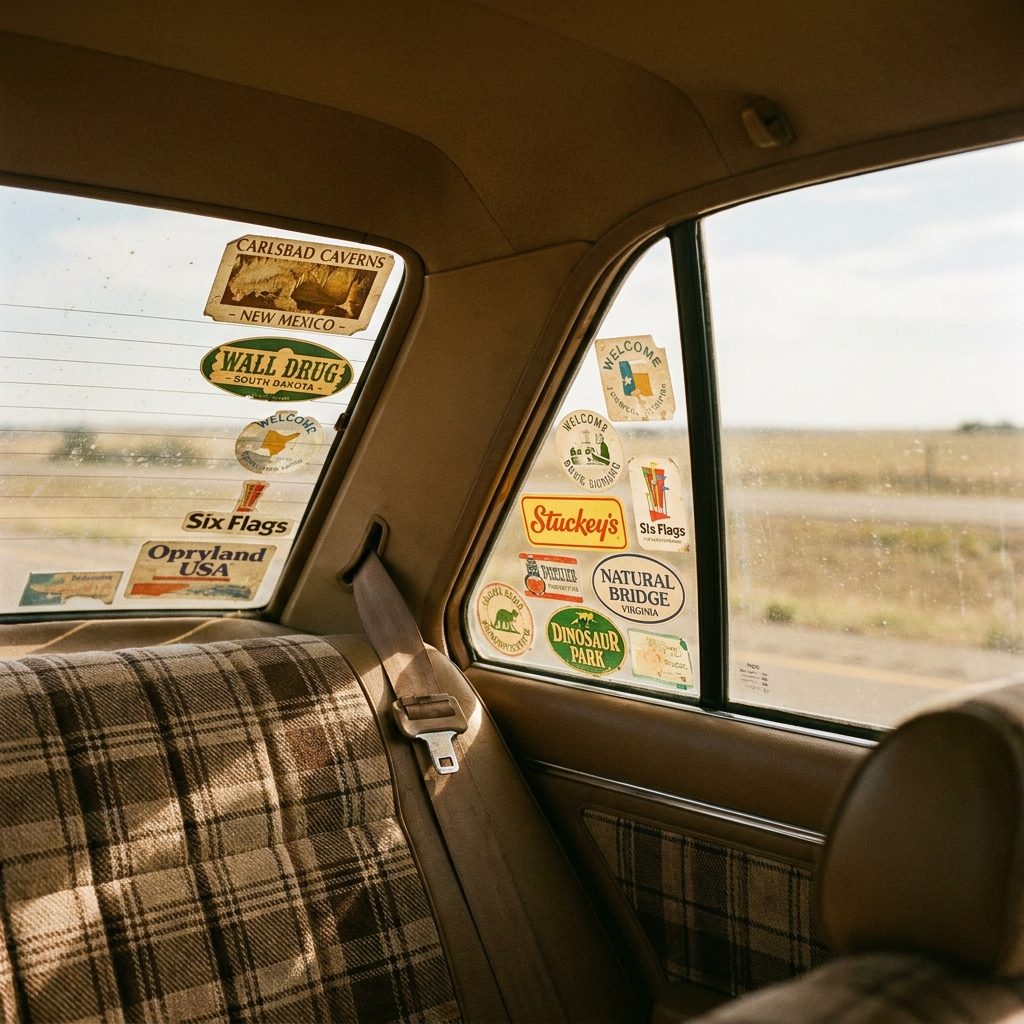 The Sticker Collection Pressed Against the Rear Side Window From Every State You Crossed