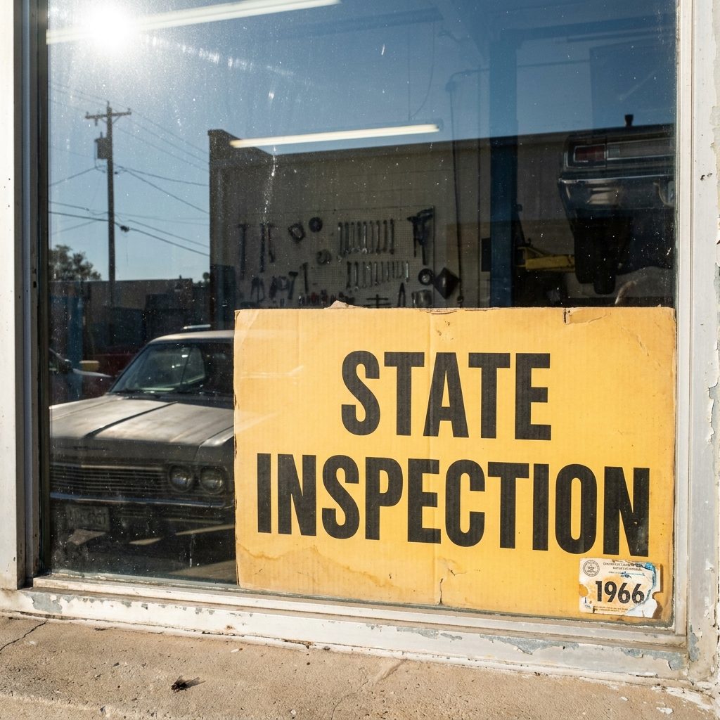 The Sun-Faded Cardboard Sign in the Window That Said 'STATE INSPECTION' With the Year Sticker Peeling Off