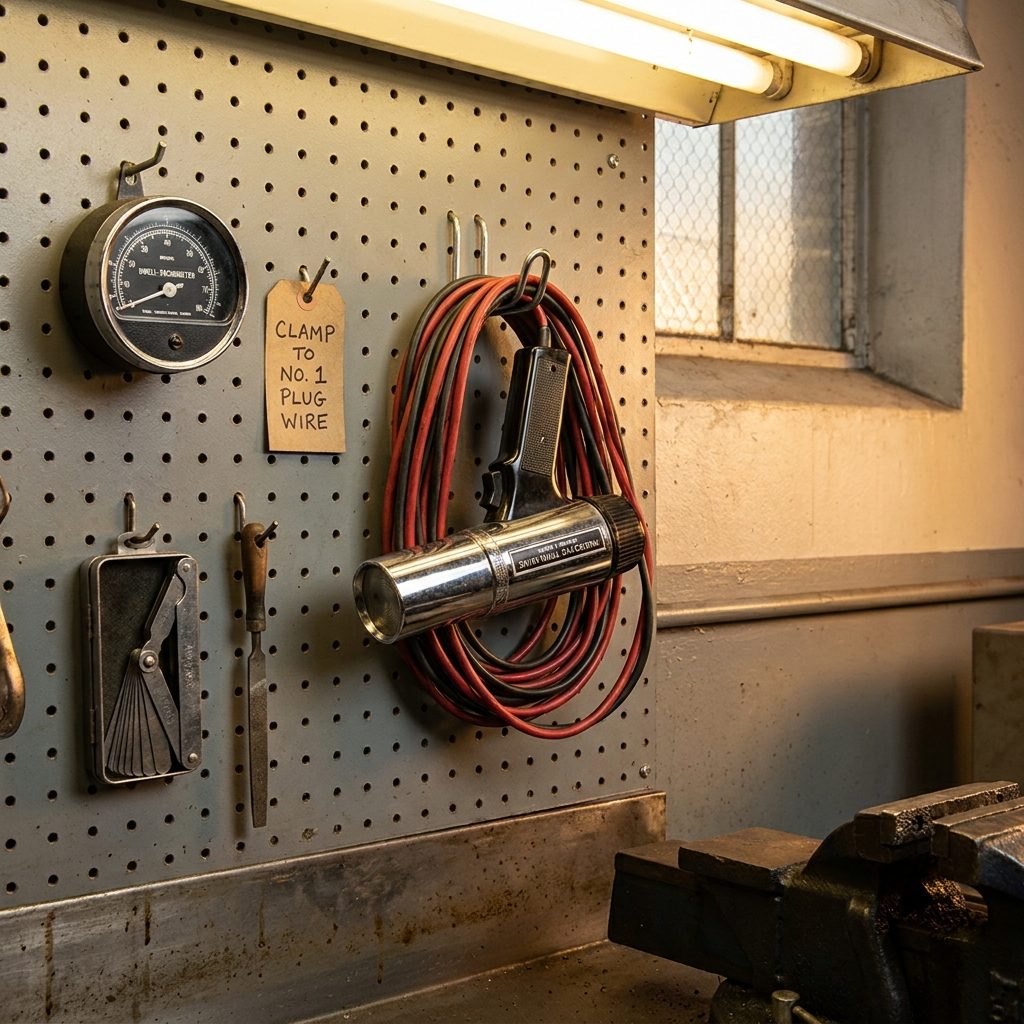 The Timing Light Hanging on Its Own Peg, Cord Wound Neatly Around the Handle