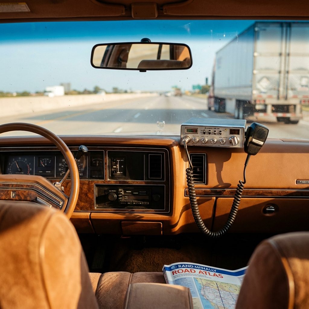 The Trucker Talk Coming Through the CB Radio Clipped to the Dash Visor