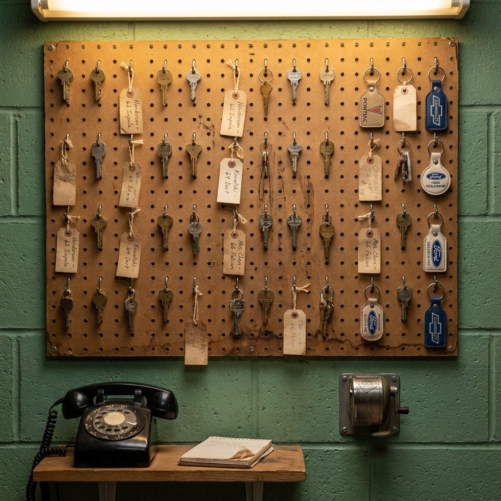 The Wooden Pegboard Wall of Keys for Every Regular Customer's Car