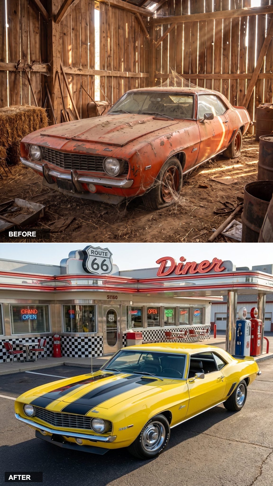 Daytona Yellow and Black Stripes, Parked Right Where It Belongs, Route 66