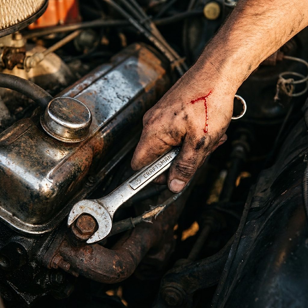 The Exact Sound a Wrench Made When It Slipped and Skinned Dad's Knuckle