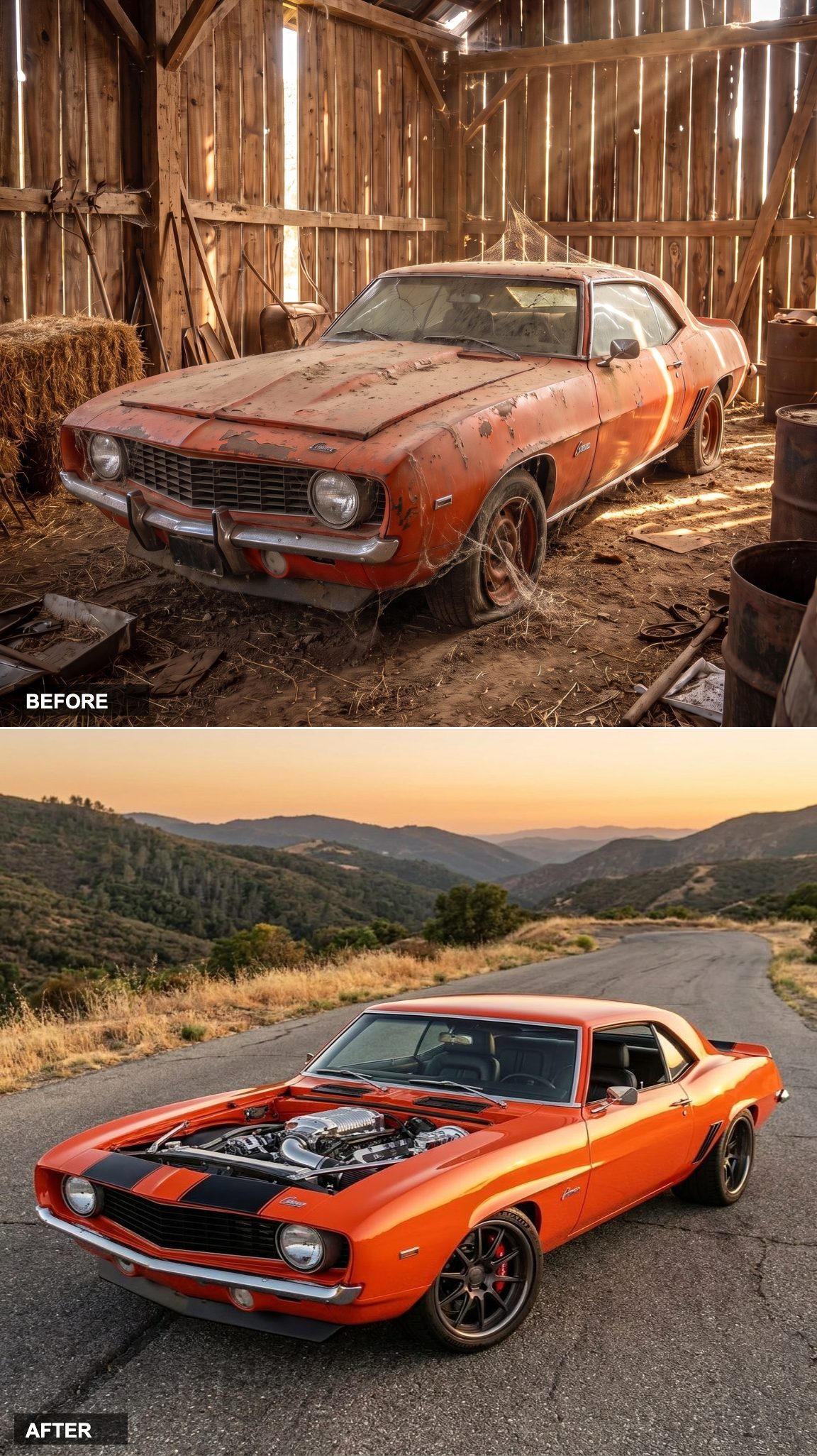 Hugger Orange Pro Touring Build on a Mountain Road at Golden Hour