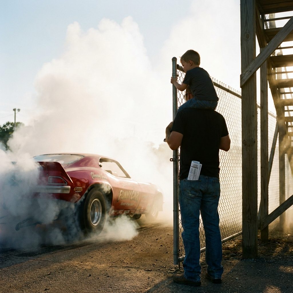The Kid on Dad's Shoulders Watching a Funny Car Burnout
