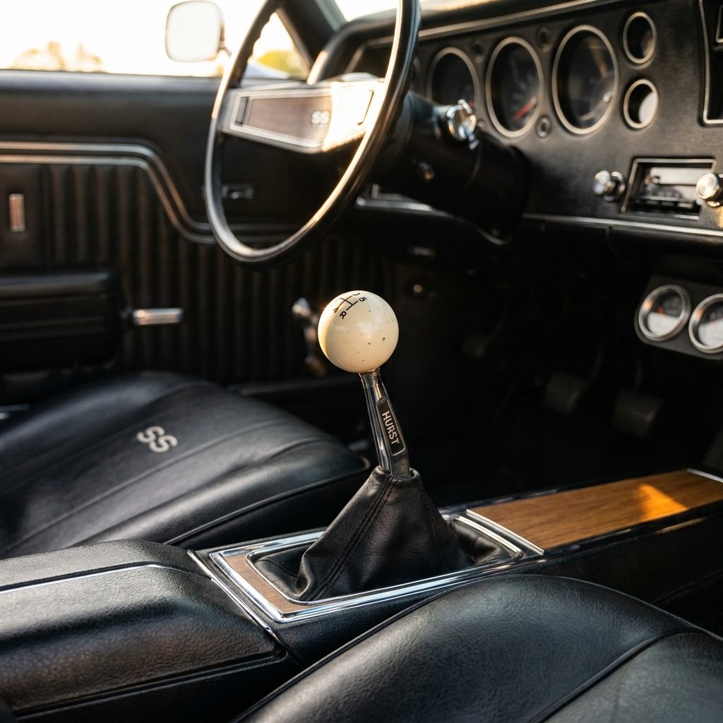 The Long-Reach Chrome Shifter With the White Ball on Top