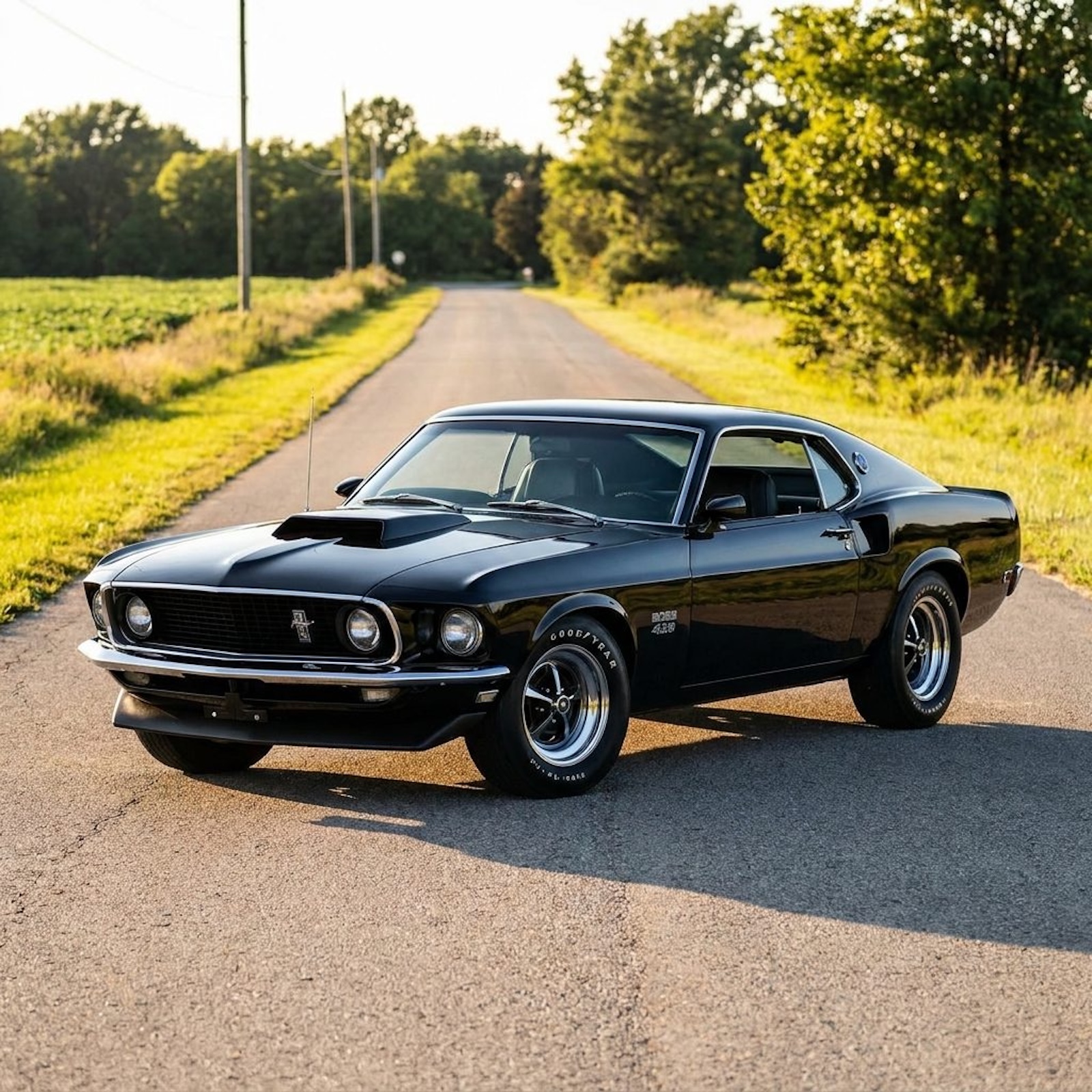 1969 Ford Mustang Boss 429 in black on a rural road