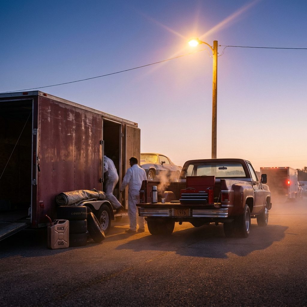 The Predawn Trailer Unload in the Pit-Row Fog