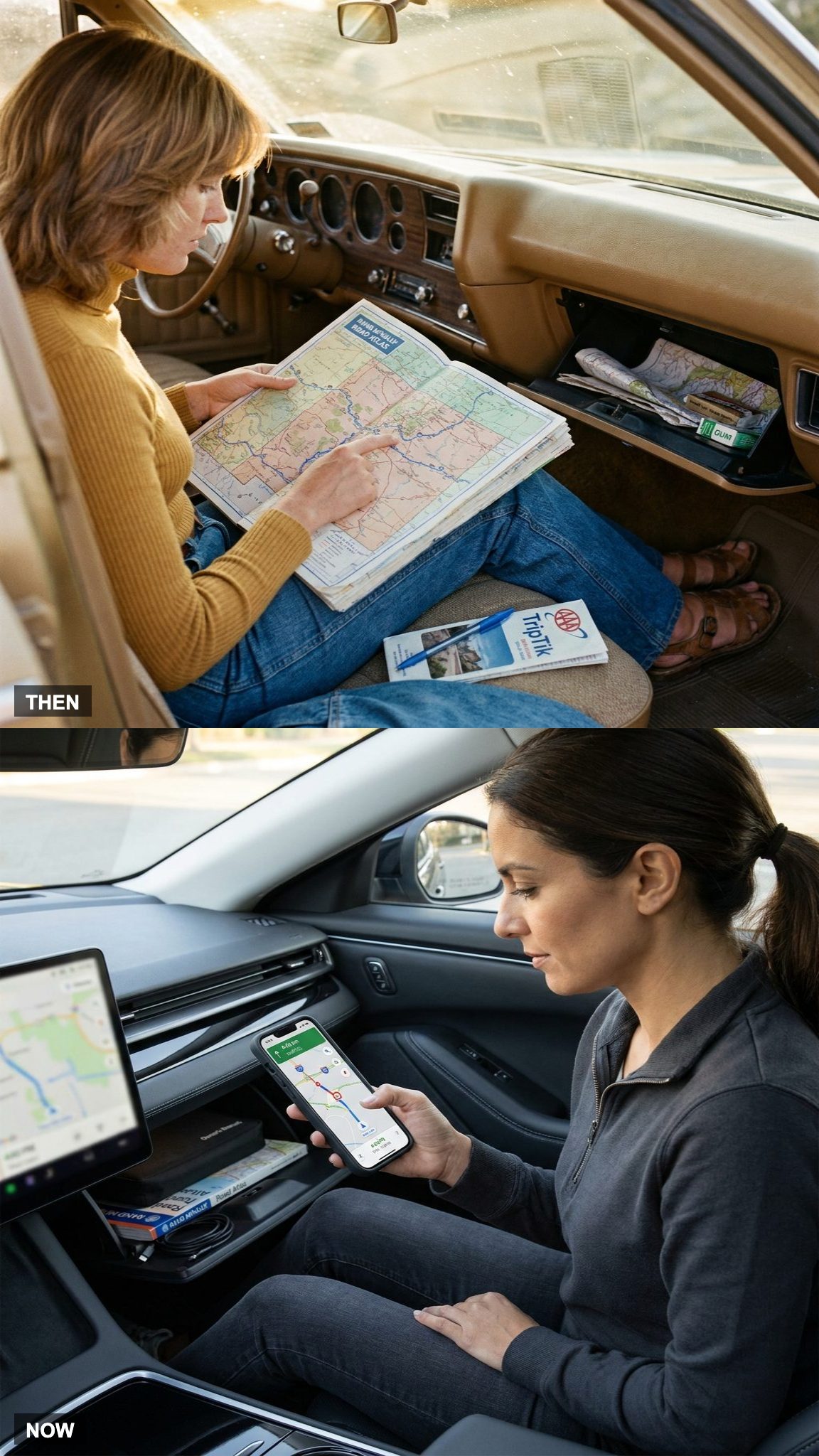 Mom Navigated by Folding Map. The Phone Navigates by Traffic Data.