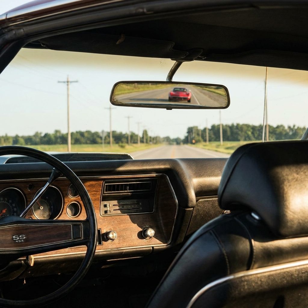 The Rear-View Mirror Shot of a Corvette Getting Smaller