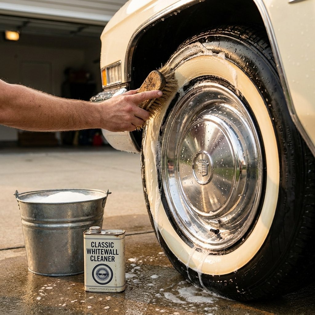 Scrubbing the Whitewall Tires With a Stiff Brush