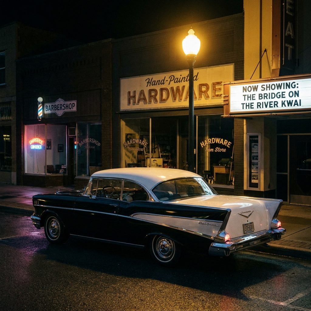 The Way a 1957 Chevy Bel Air Looked Under the Street Lamps