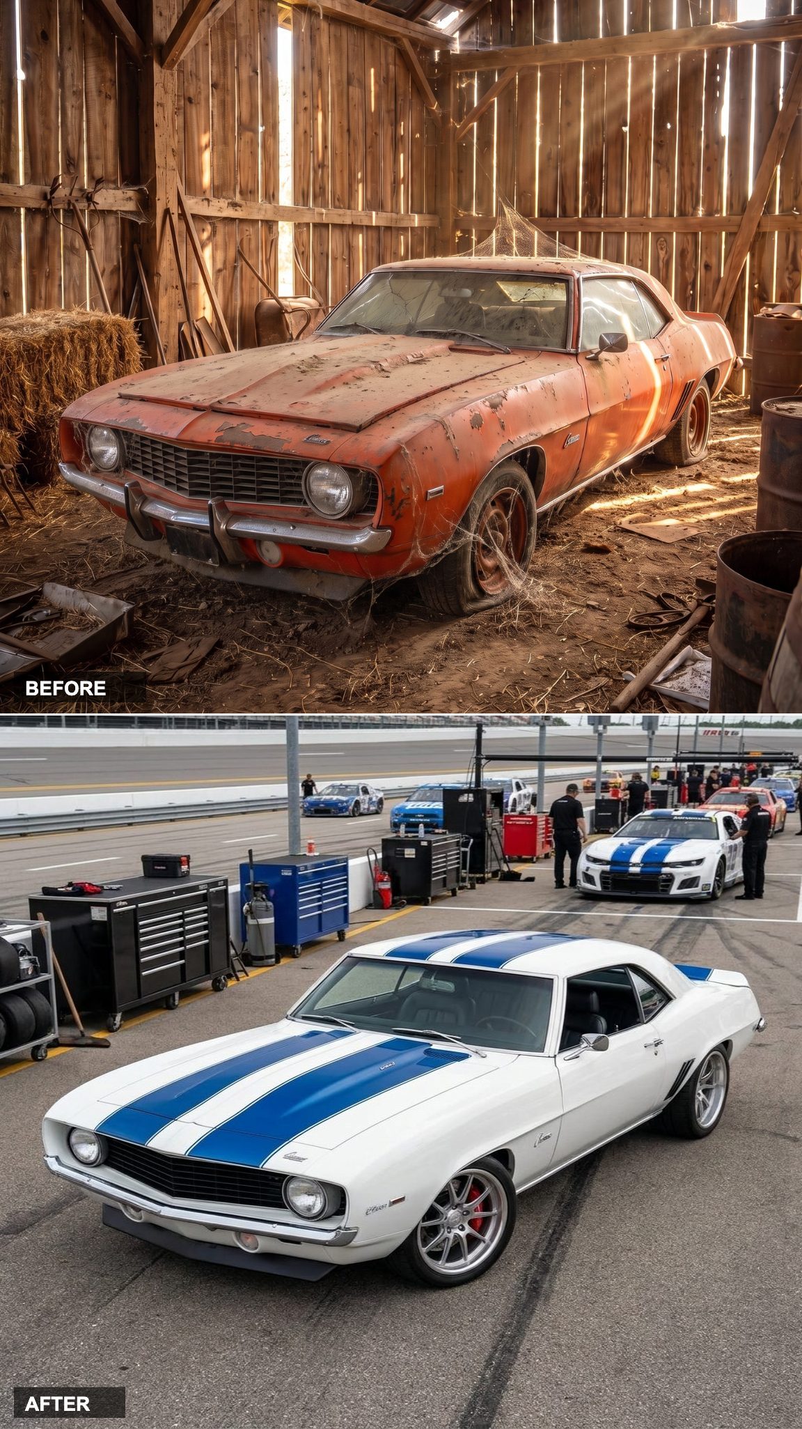 White With Blue Stripes: Race-Ready at the Paddock
