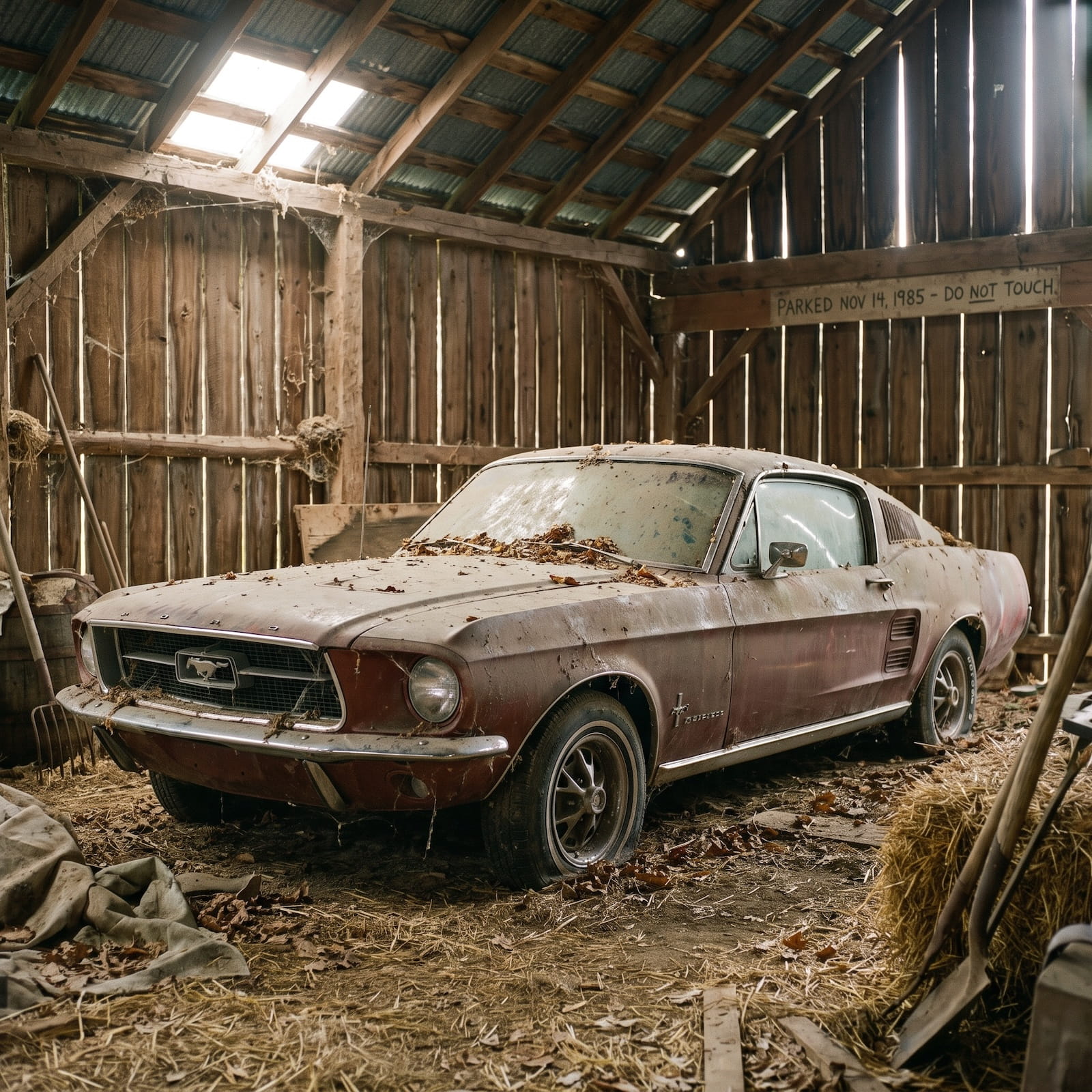 Forgotten 1967 Ford Mustang fastback sitting inside an old barn