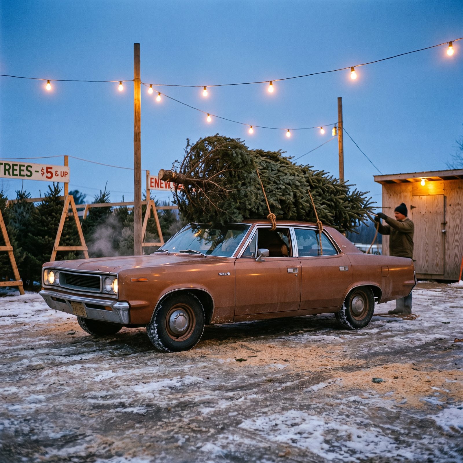 An AMC Rebel Bringing Home the Tallest Tree on the Lot
