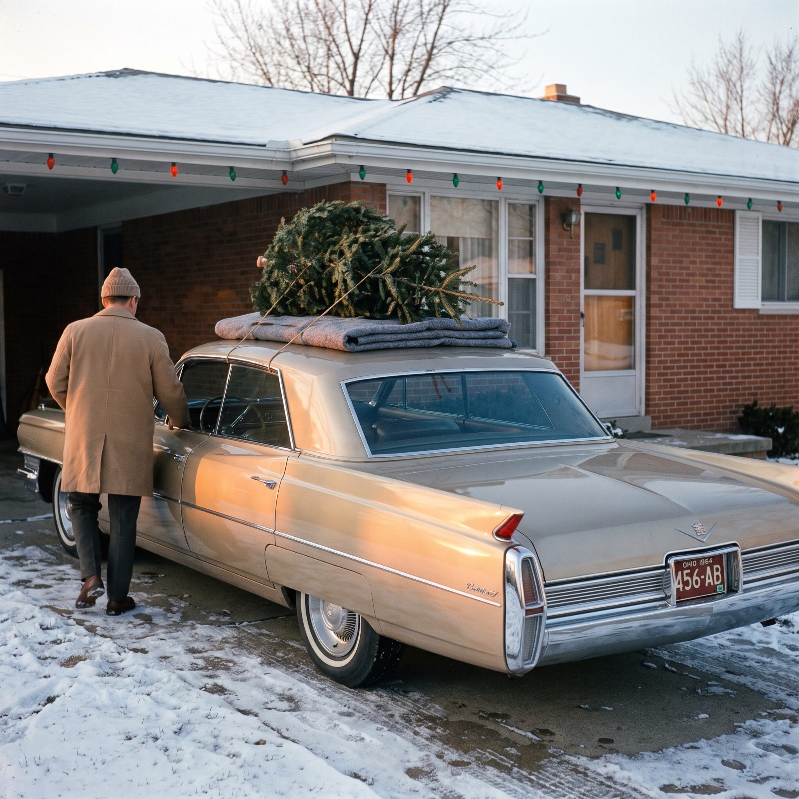 A Cadillac Sedan DeVille Bringing Home a Modest Little Fir