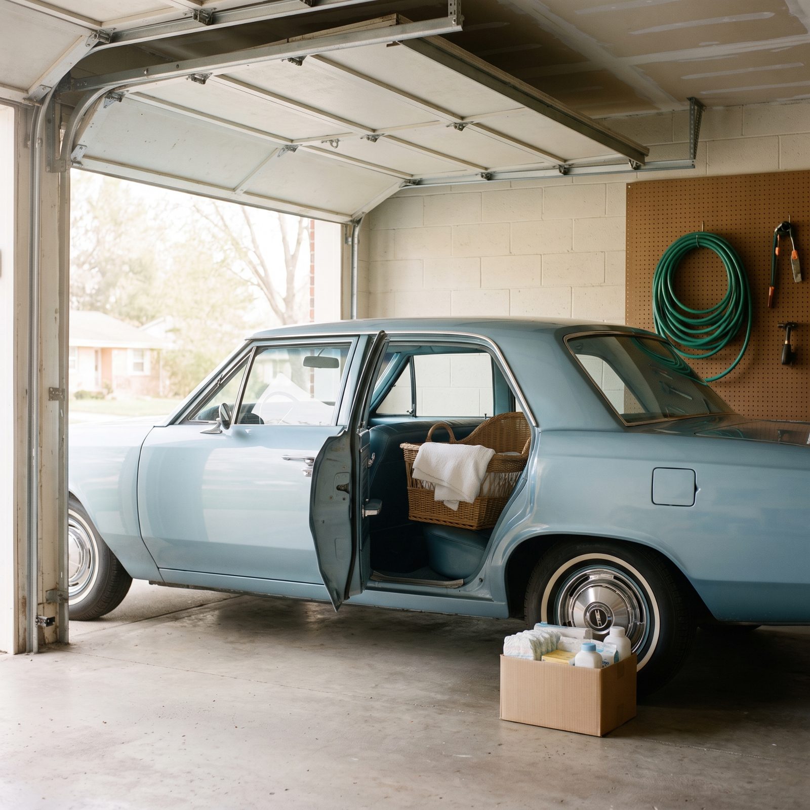 Early-1960s suburban garage with a pale-blue four-door sedan, its rear door open and a bassinet on the back seat.