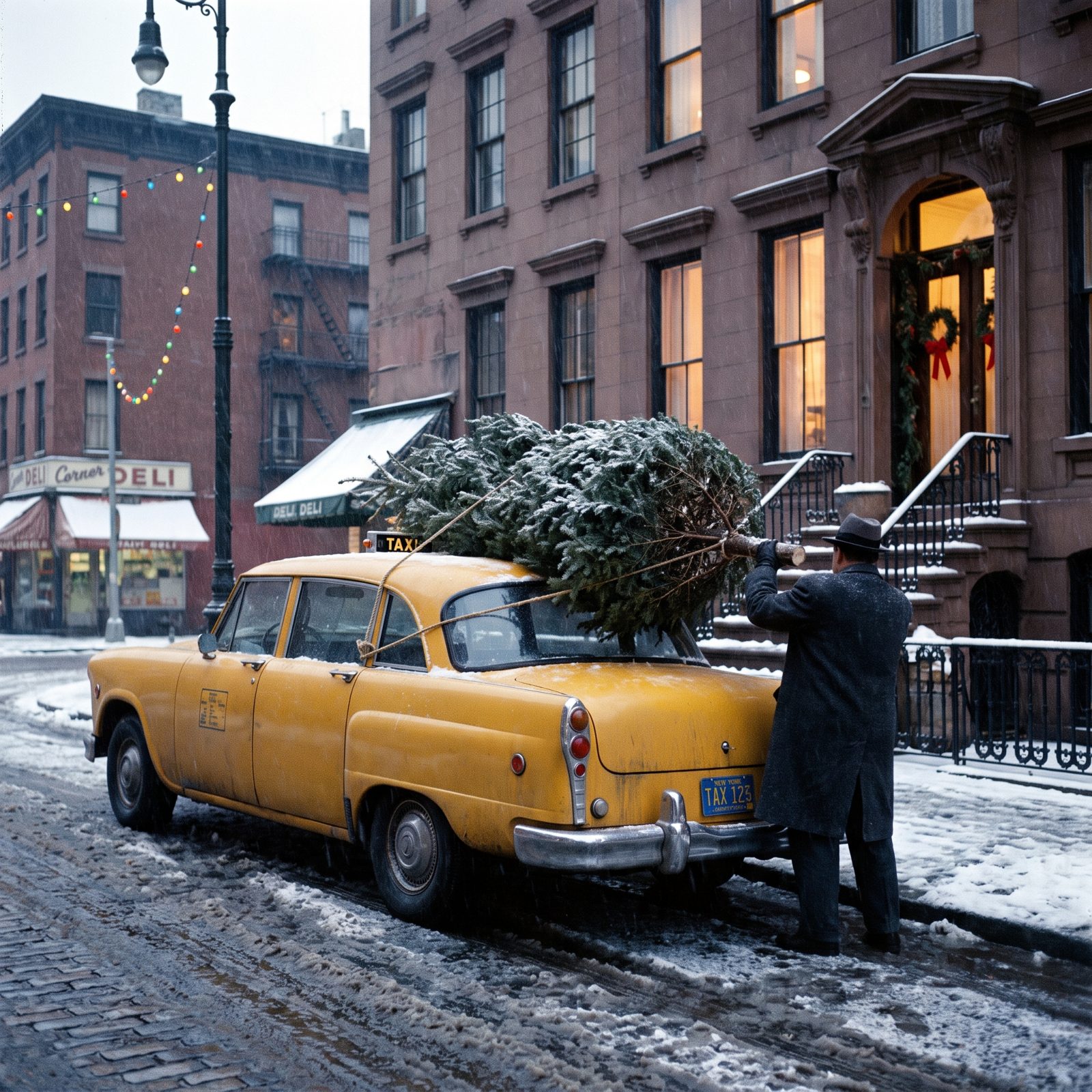 A Checker Marathon Taxi Delivering a Tree to a City Brownstone