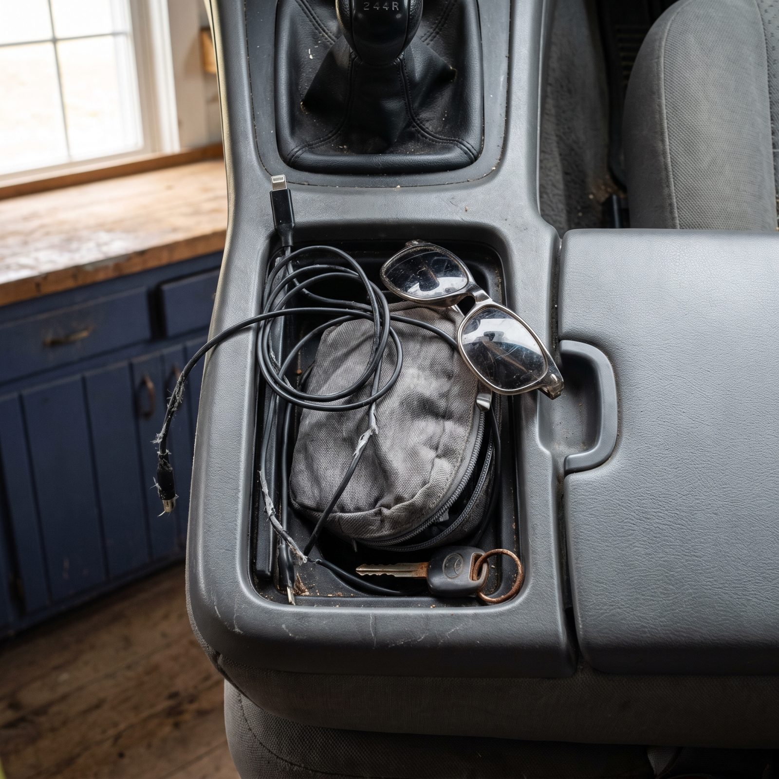SUV console tray with a coiled charging cable, folded sunglasses, and a small zippered pouch each in its own spot.