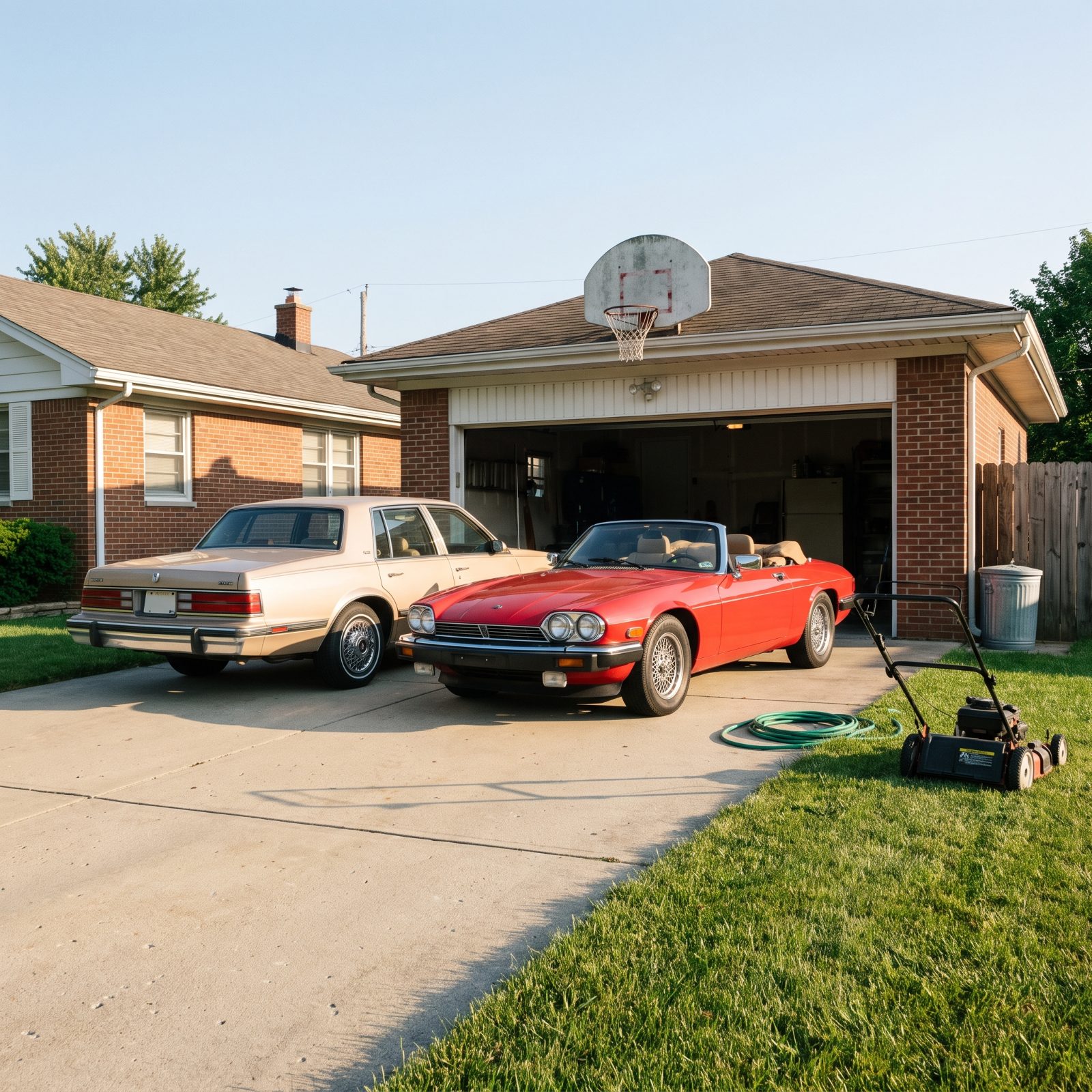 1980s driveway with a red two-seat convertible top-down parked beside a beige family sedan in front of a brick ranch house.