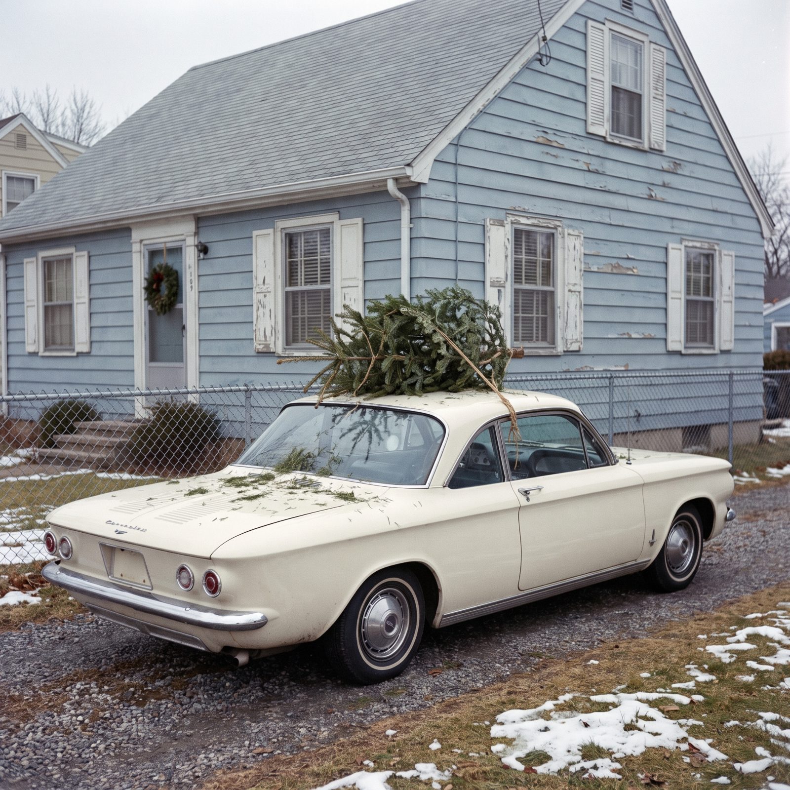 The Corvair Monza With Pine Needles Scattered Across Its White Roof